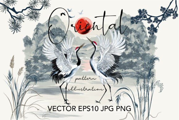 Download Oriental Cranes Vector Pattern - Oriental Collection