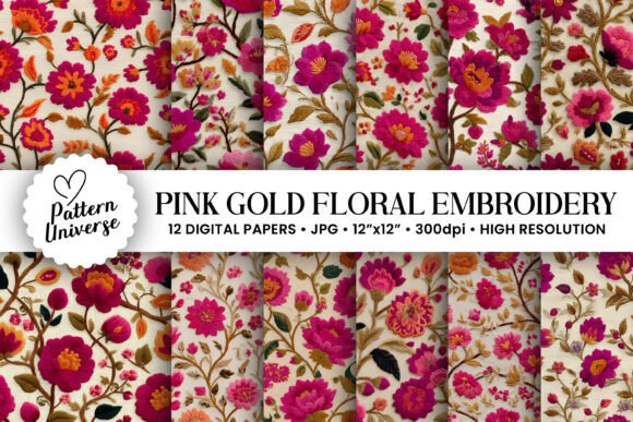 Download Pink Gold Floral Embroidery Pattern - Gold Collection